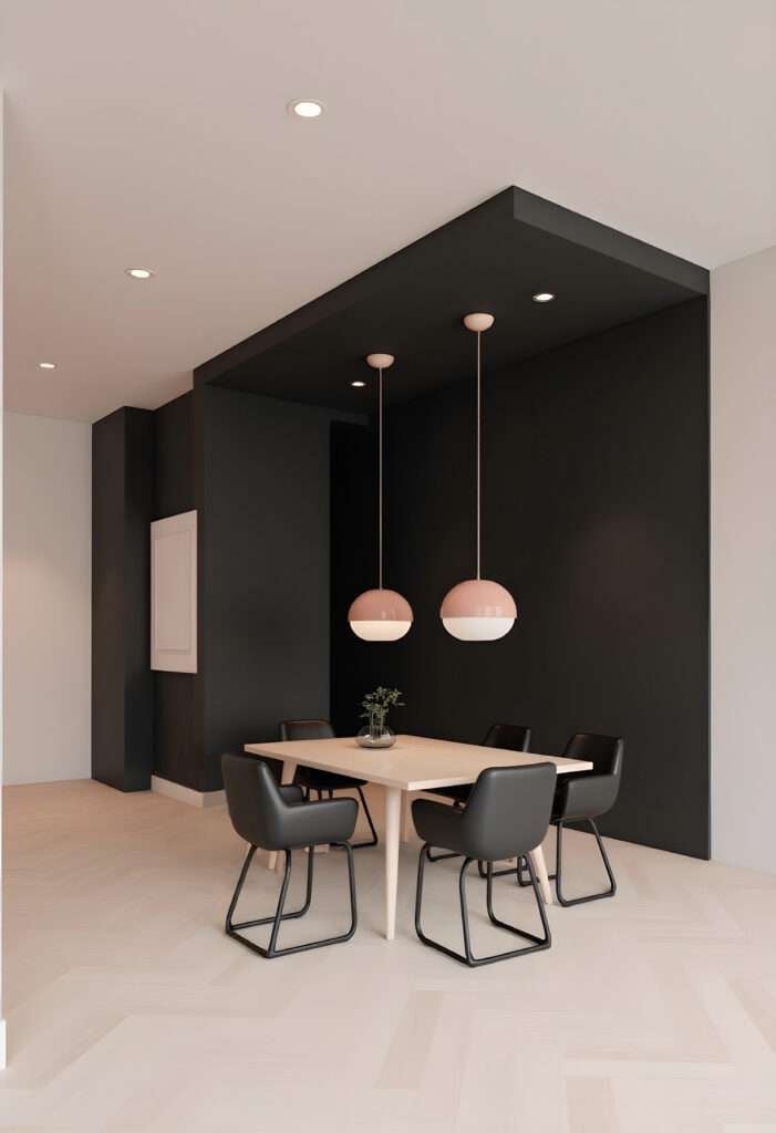 Imagen de diseño interior con mesa sillas y lamparas